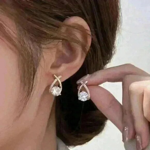 Elegant Lab Diamond Stud Earrings with Sparkle Crystals in Gold - Picture 2 of 2